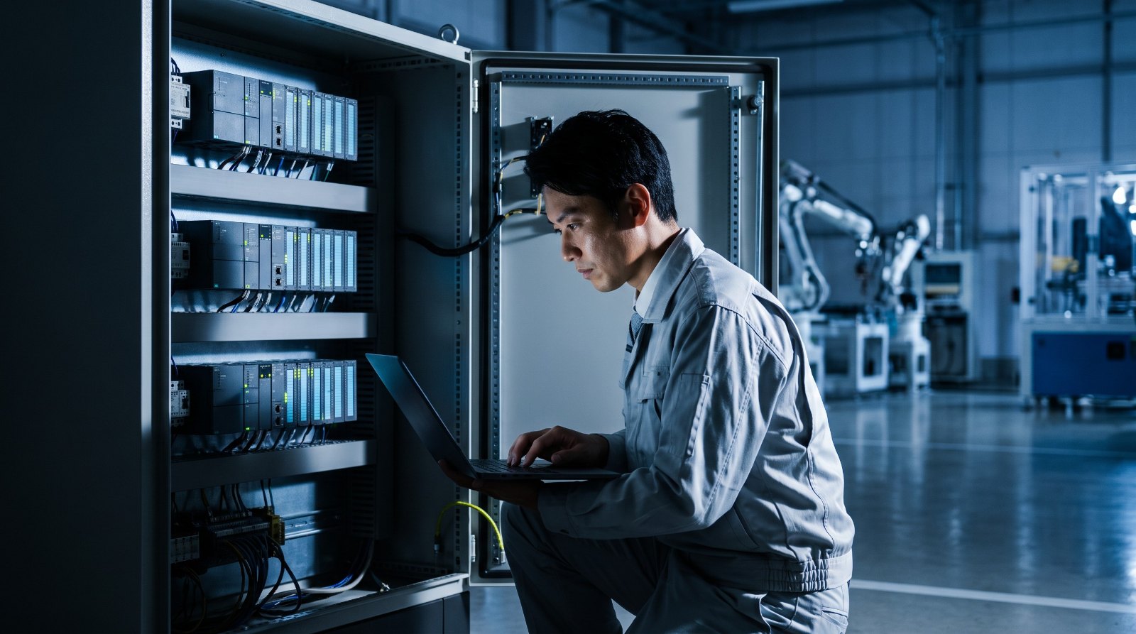 制御盤の前でノートPCを使って設備データを確認する保全担当者